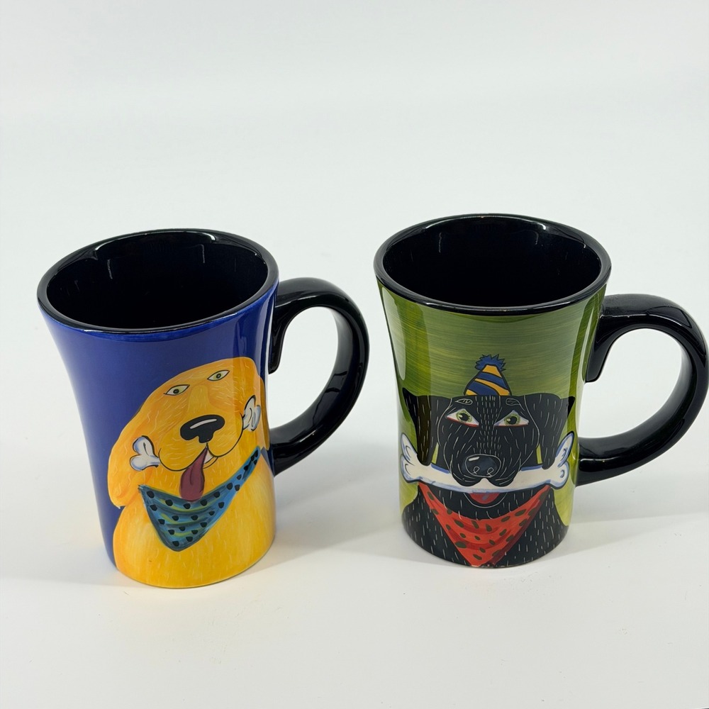 Naylor Designs 2005 Dog Mugs Set of 2 Hand Painted Black Lab Golden Retriever